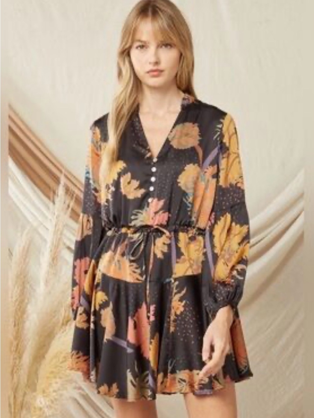 entro Black Floral Puffy Sleeve Tie-Waist Mini Dress Tunic Top